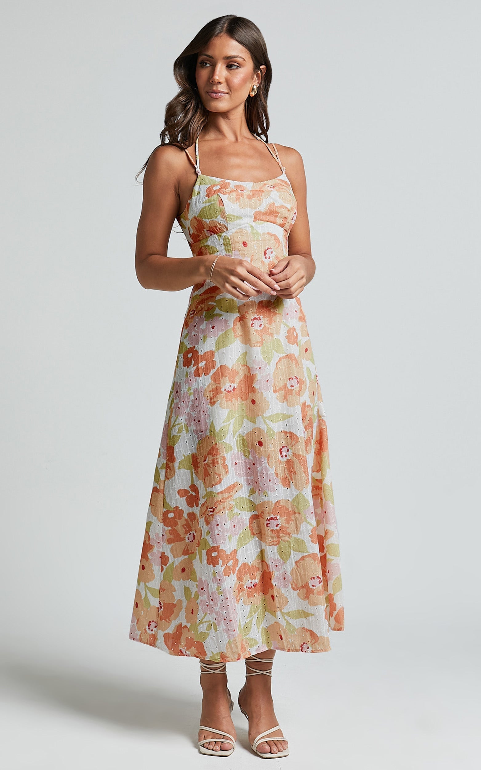 Tyla Midi Dress - Double Strap Cut Out Dress in Orange Floral