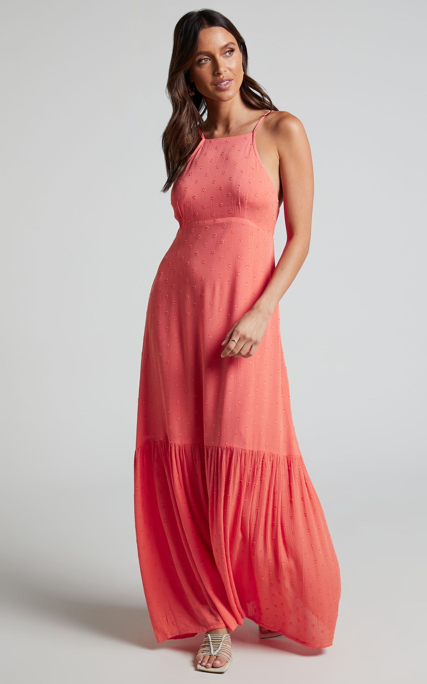 Cariele Midi Linen Blend Dress - Strappy Tiered Dotted Dress in Coral