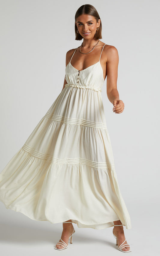 Ermengard Midi Dress - Tiered Pin Tuck Cross Back Dress in Off White