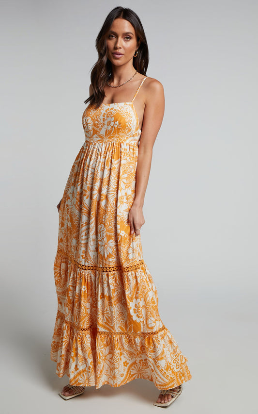 Gyah Midi Dress - Linen Square Neck Low Back Tiered Dress in Rust Paisley