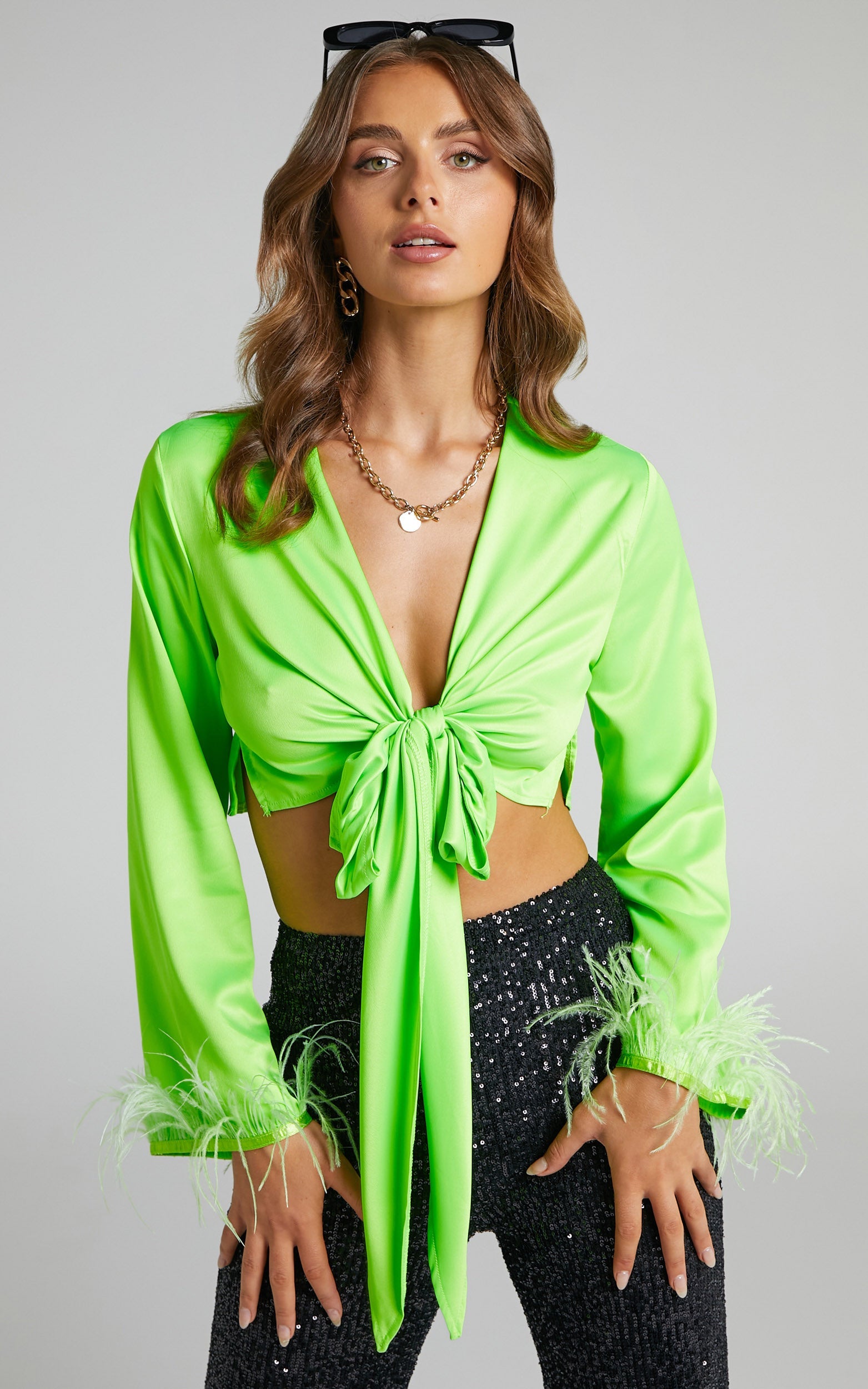 Melodie Feather Trim Long Sleeve Tie Front Crop Top in Green