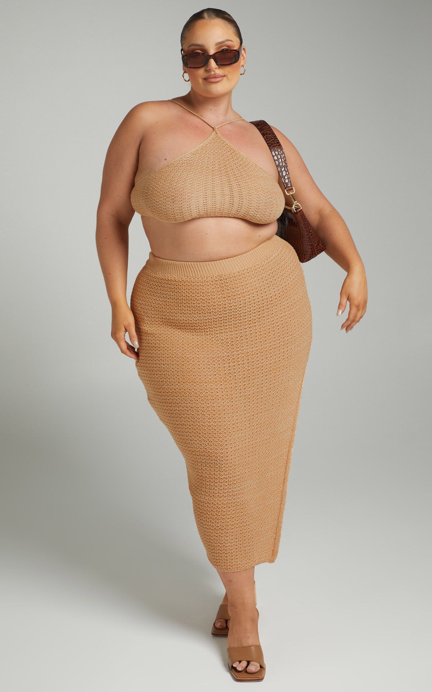 Missy Chevron Crochet Midi Skirt Two Piece Set in Beige