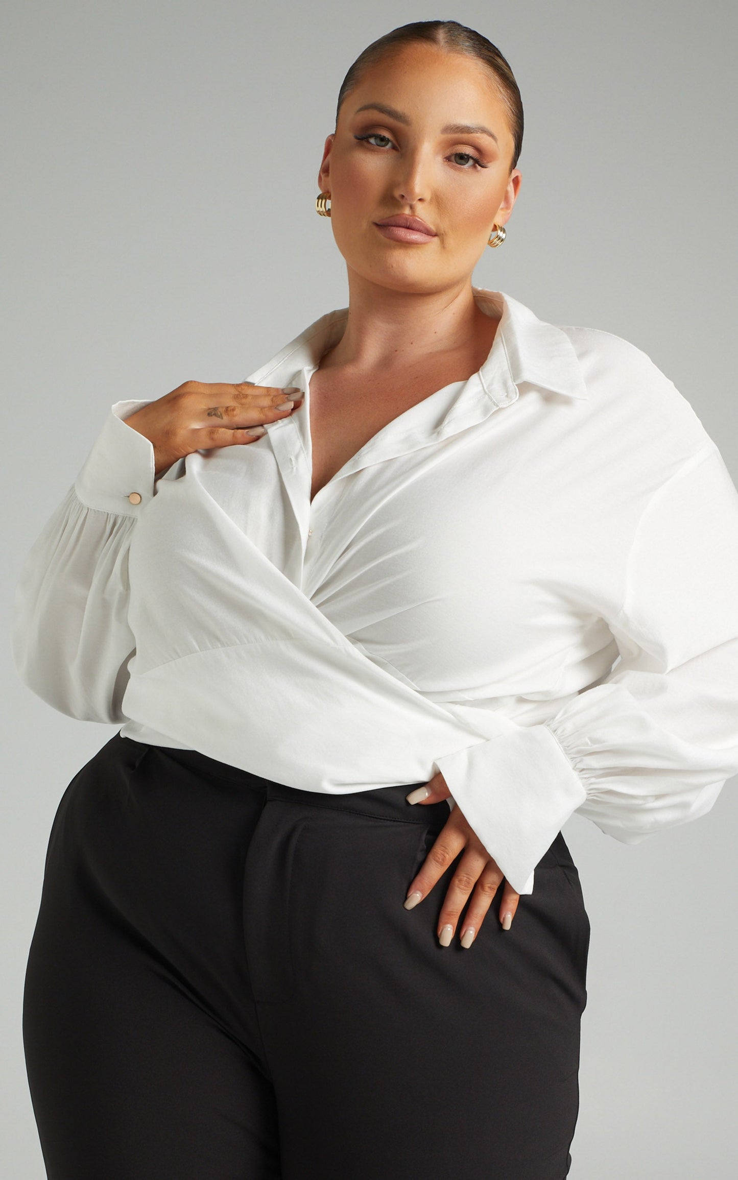 Ehrna Shirt - Twist Front Collared Long Sleeve Shirt in White