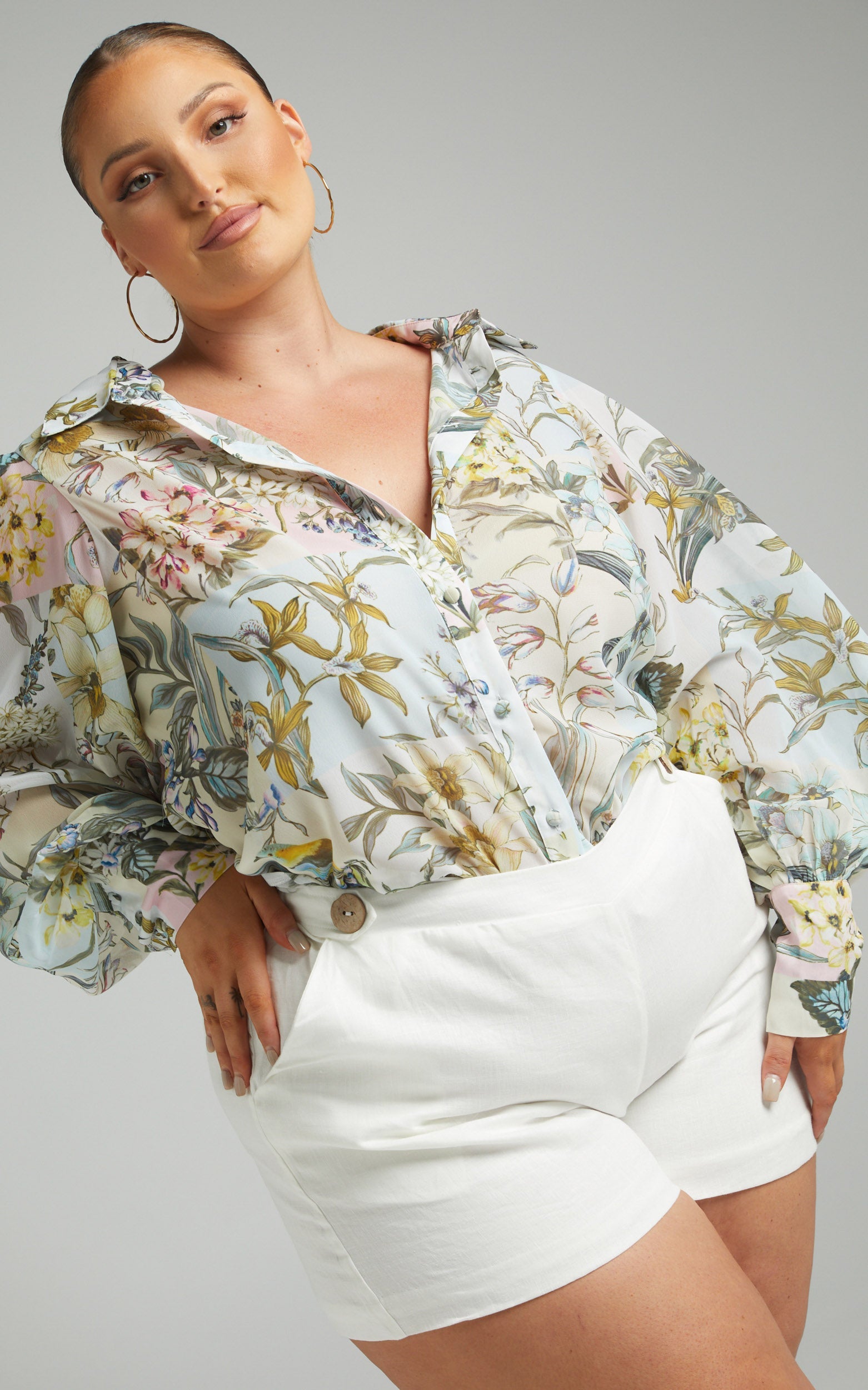 Virgette Printed Collared Balloon Sleeve Blouse in Boho Patchwork