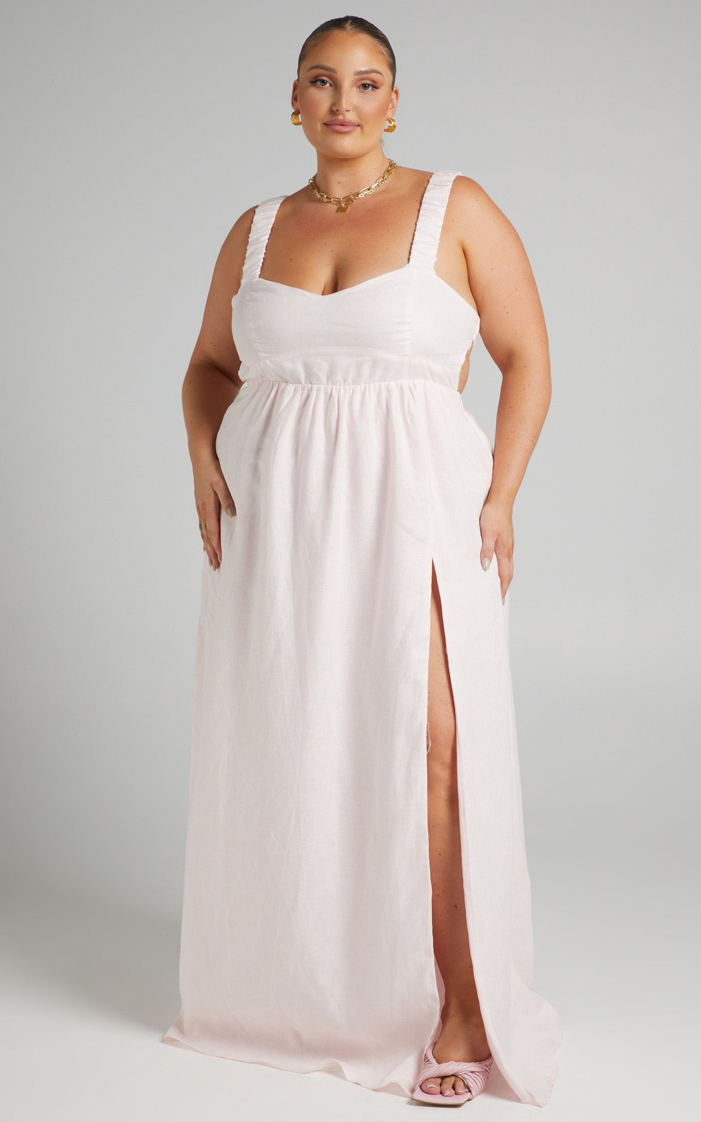 Amalie The Label - Lucia Linen Elasticated Strap Backless Maxi Linen Dress in Off White