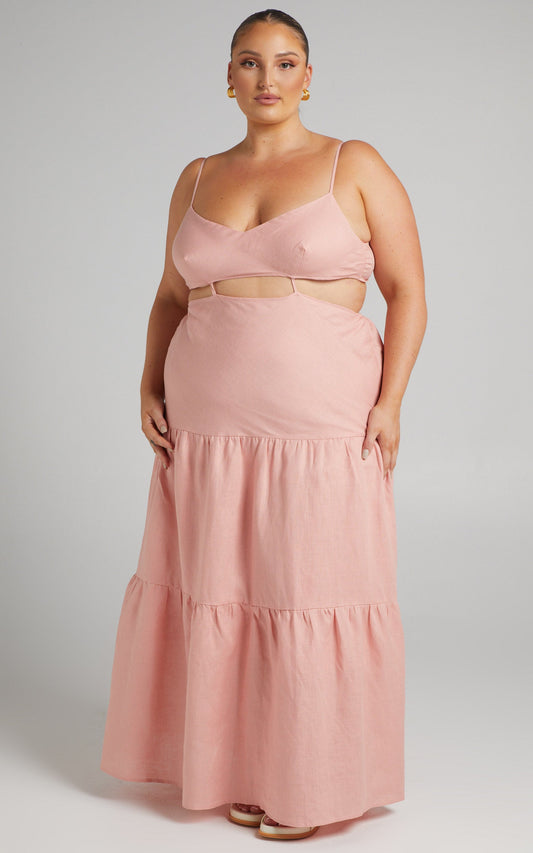 Amalie The Label - Rozelle Linen Cut Out Tie Back Maxi Linen Dress in Dusty Pink