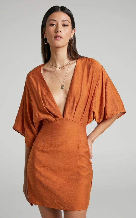 Avella Plunge Neck Angel Sleeve Mini Dress in Biscuit