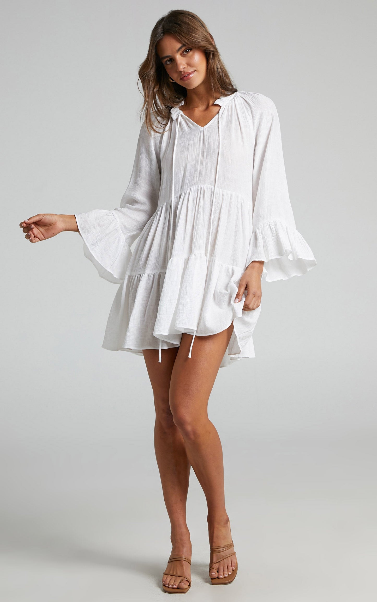 Abrera Mini Linen Blend Dress - V Neck Long Sleeve Tiered Dress in White