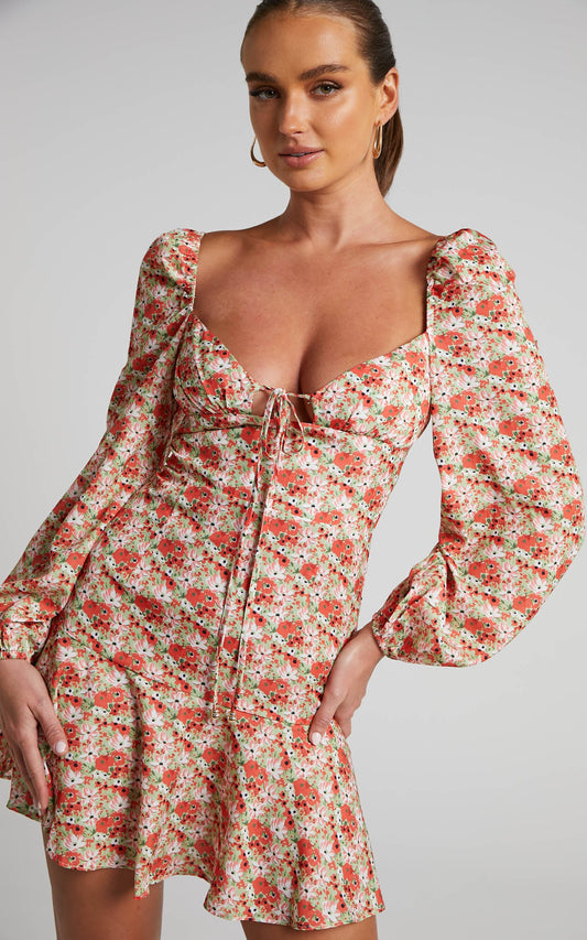 Adalina Mini Dress - Long Sleeve Fit and Flare Dress in Pink Floral