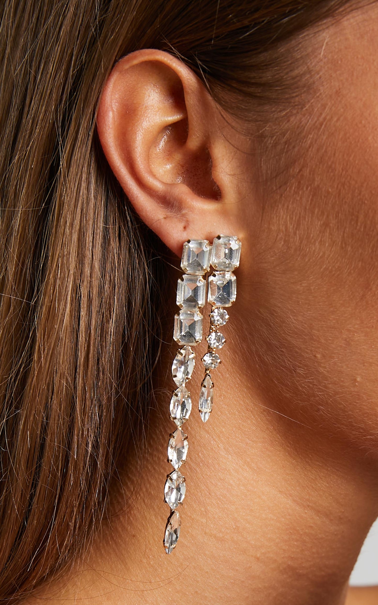 Aelinor Earrings - Asymmetric Gemstone Drop Earrings in Gold Diamante