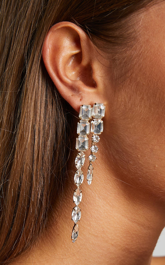 Aelinor Earrings - Asymmetric Gemstone Drop Earrings in Gold Diamante