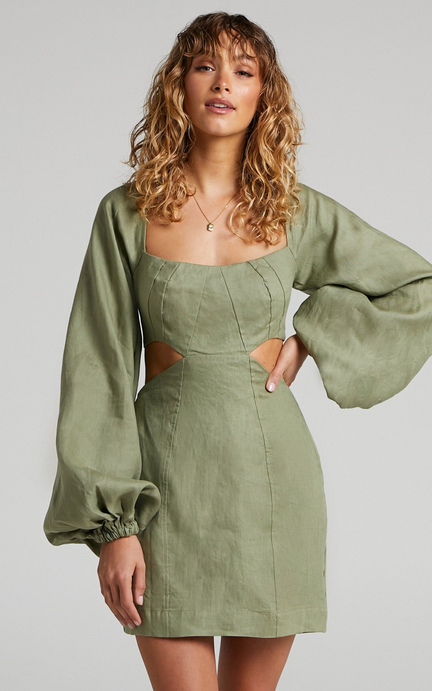 Amalie The Label - Aileen Linen Balloon Sleeve Cut Out Mini Linen Dress in Sage