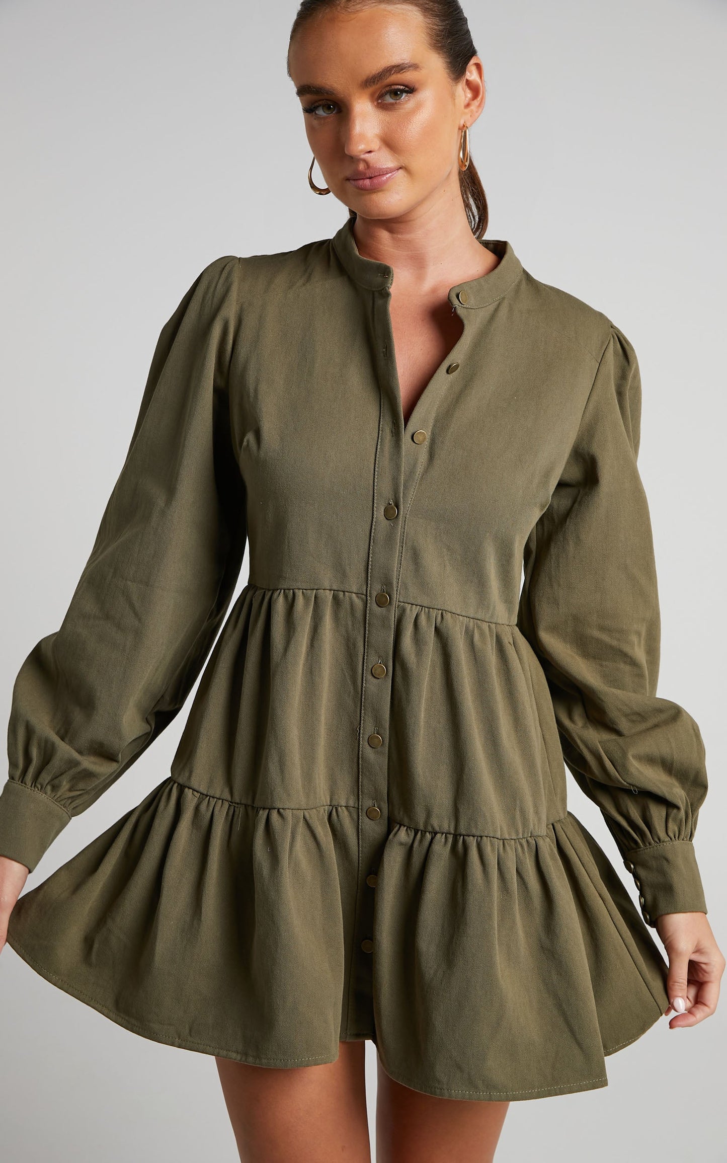Alesana Mini Dress - Long Sleeve Button Through Tiered Shirt Smock Dress in Khaki