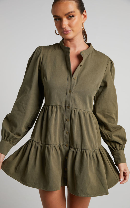 Alesana Mini Dress - Long Sleeve Button Through Tiered Shirt Smock Dress in Khaki
