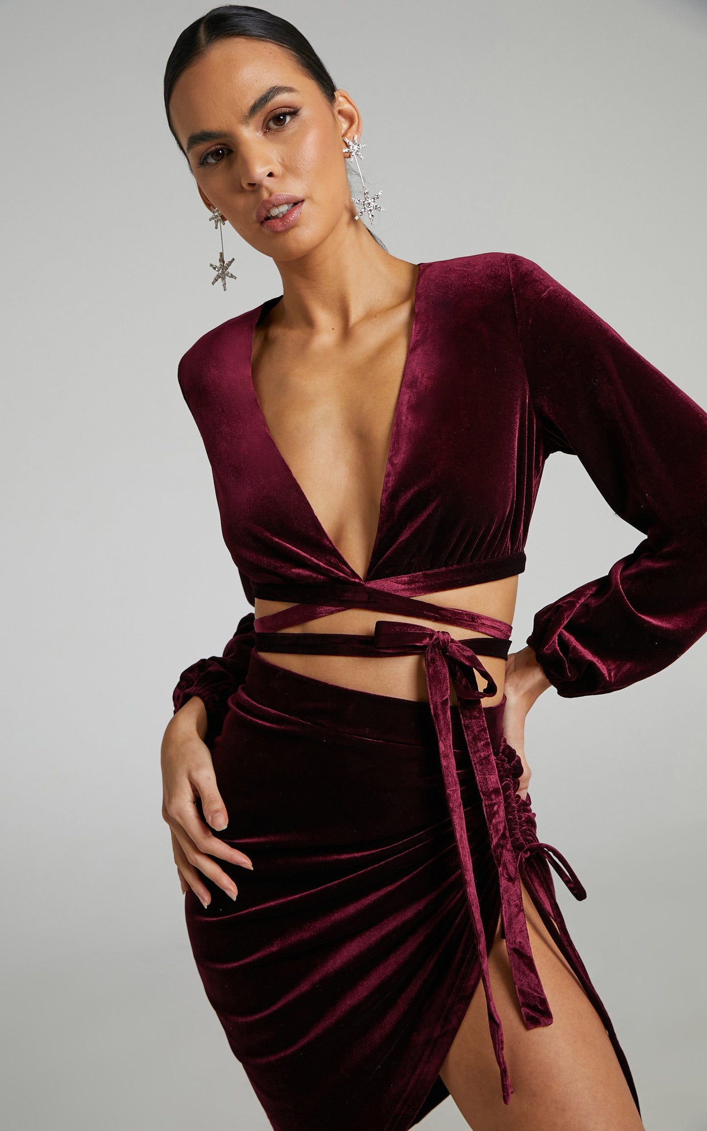 Maybelyn Top - Velvet Plunge Wrap Crop Top in Burgundy