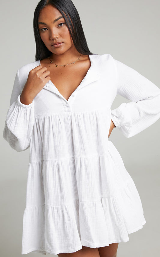 Amalia Mini Dress - Long Sleeve Smock Dress in White