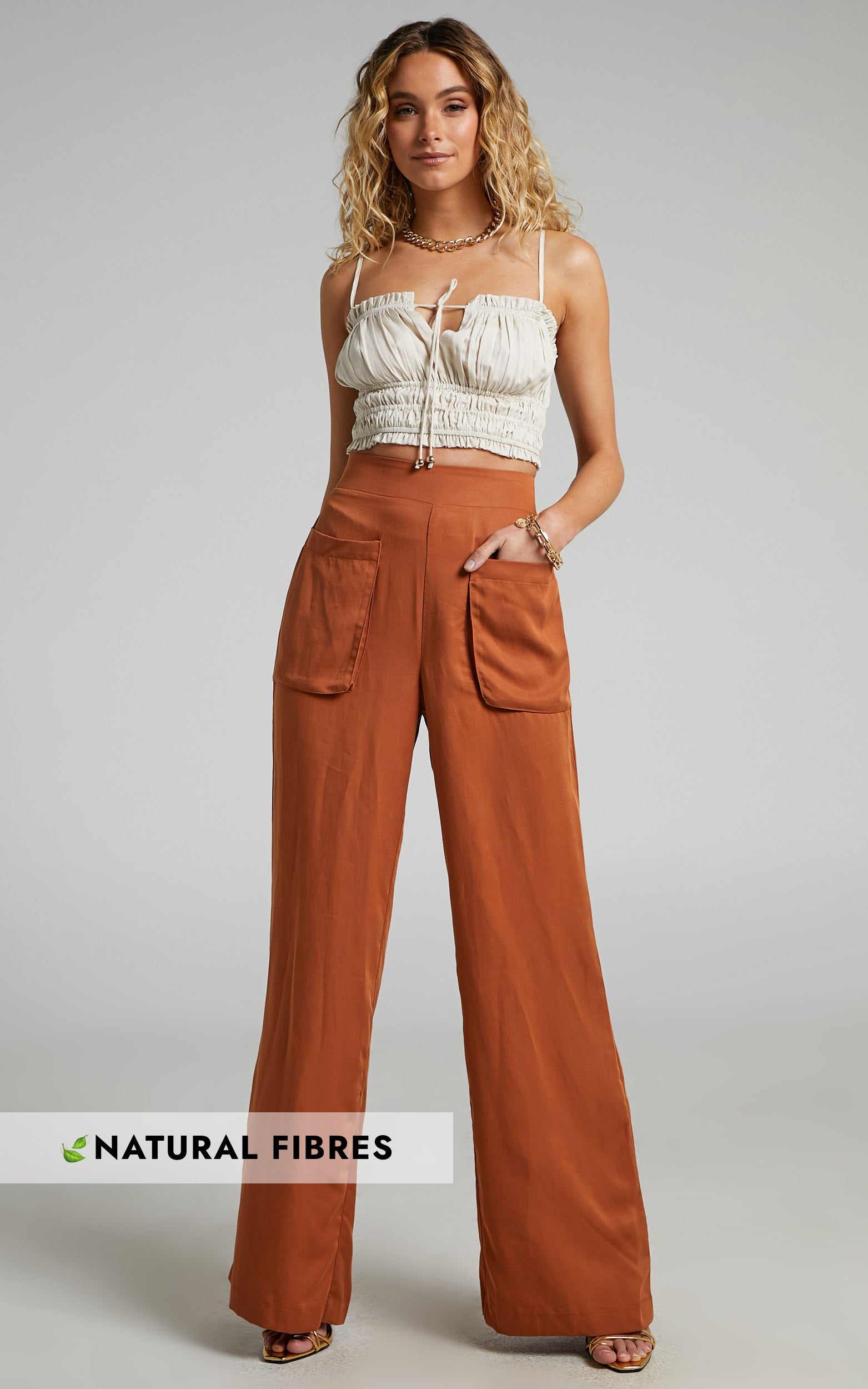 Amalie The Label - Ambroise Linen Blend High Waisted Wide Leg Pants in Earth