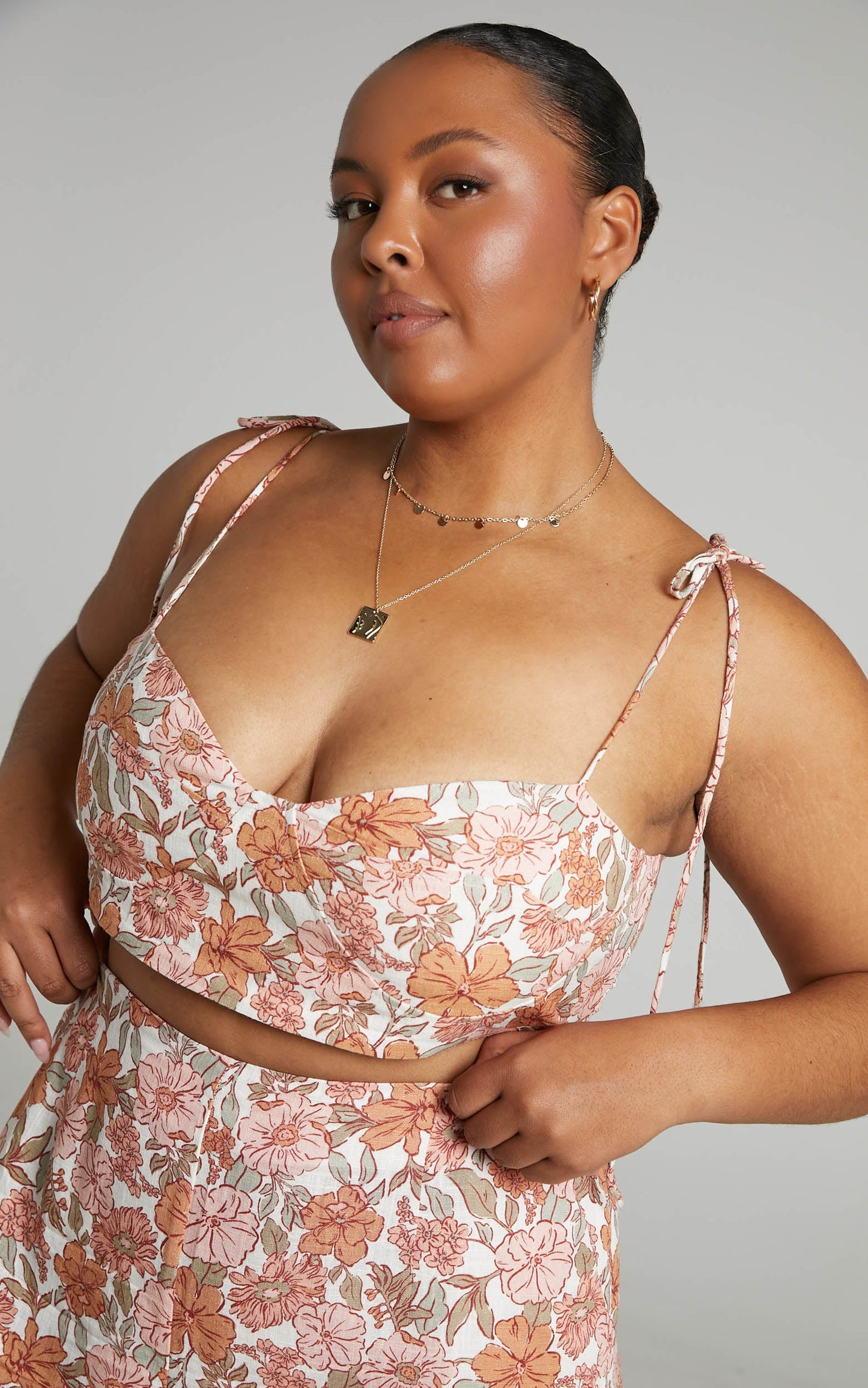 Amalie The Label - Lorete Linen Blend Tie Strap Bralette Crop Cami in Wildflower Floral
