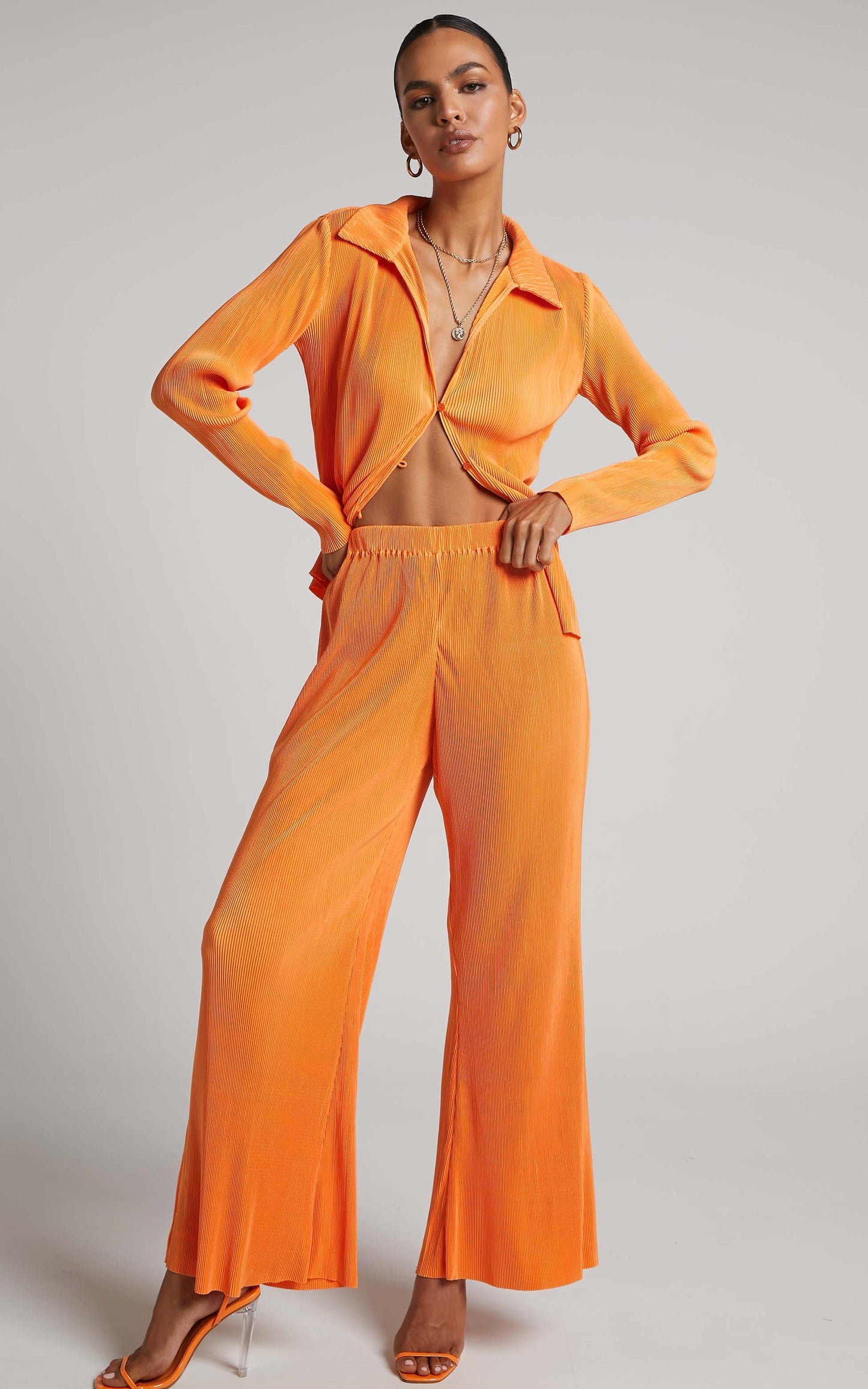 Amarante Pants - High Waisted Plisse Wide Leg Pants in Orange