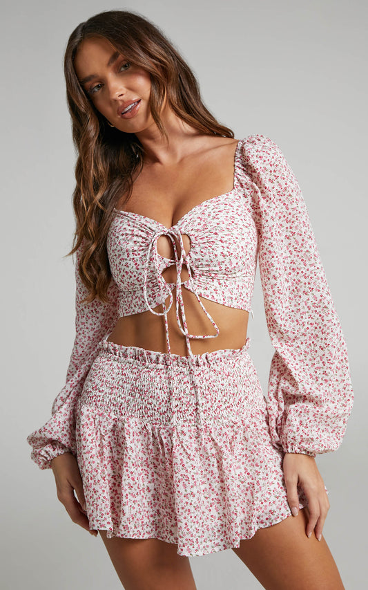 Ankine Cut Out Bust Balloon Sleeve Crop Top in Multi