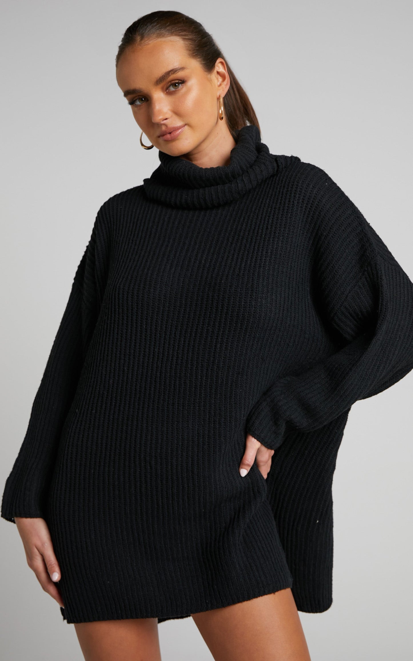 Ariene Jumper Dress - Oversized Turtle Neck Knit Dress in Black