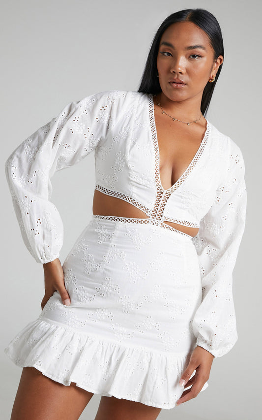 Veltina Broderie Long Sleeve Open Tie Back Mini Dress in White