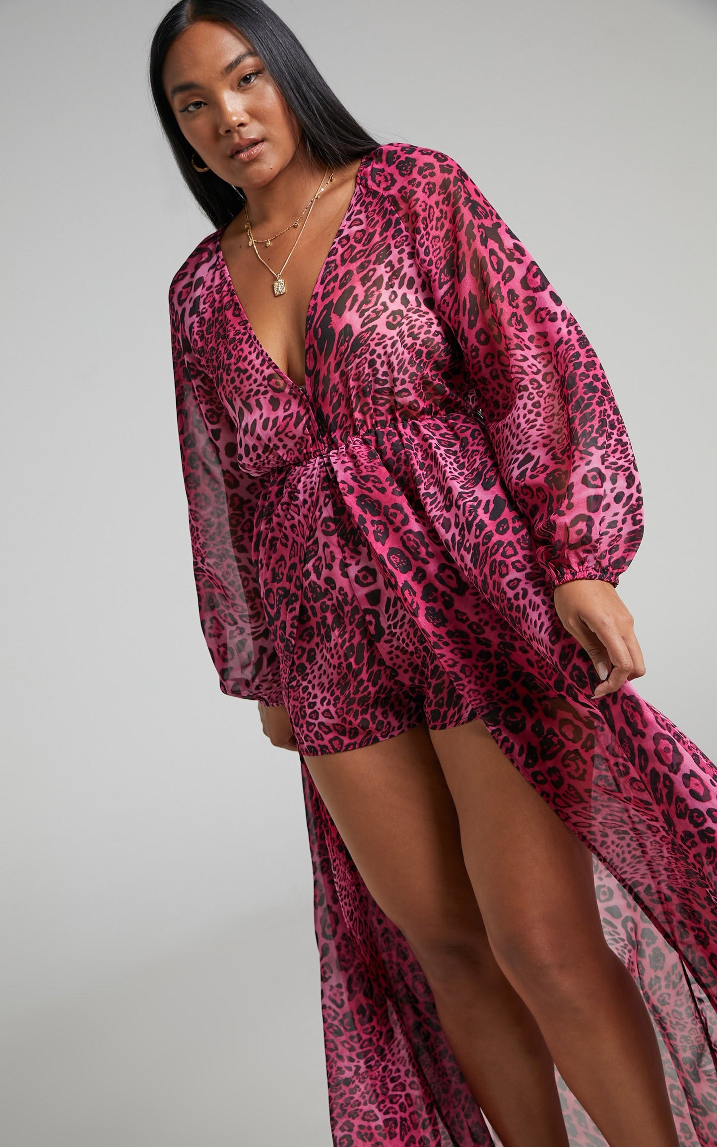 Aziza Playsuit - Plunge Neck Maxi Skirt Playsuit in Pink Leopard