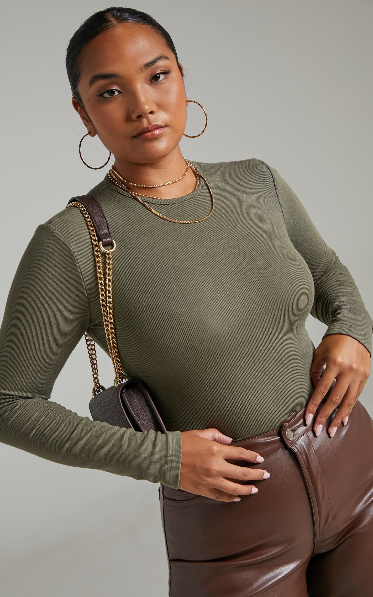 Billa Long Sleeve Ribbed Bodysuit in Khaki