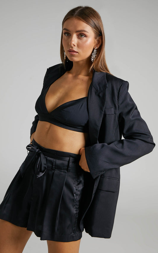 Blaze Shorts - Belted High Rise Paper Bag Satin Shorts in Black