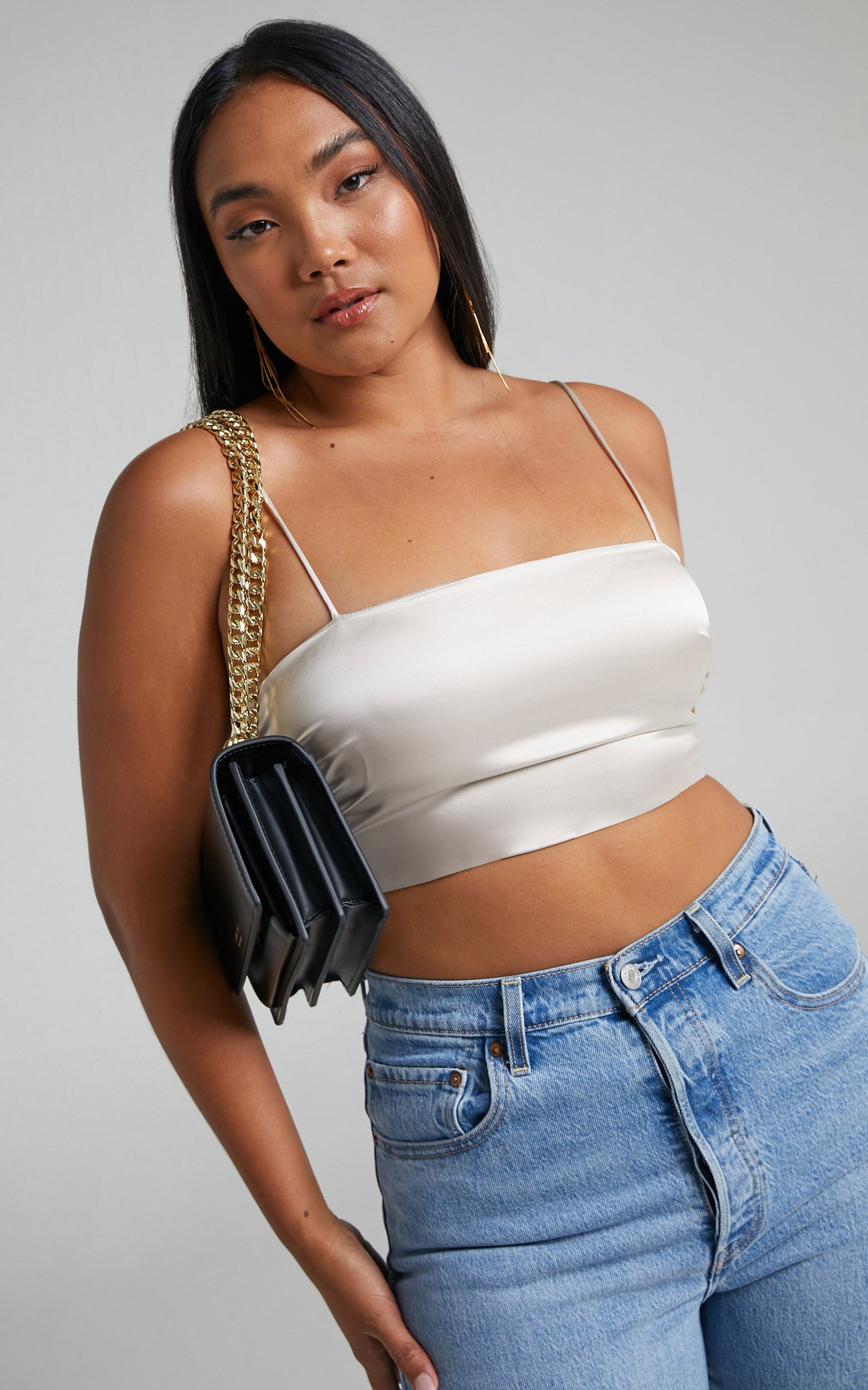 Blessy Strappy Fitted Satin Crop Top in Cream