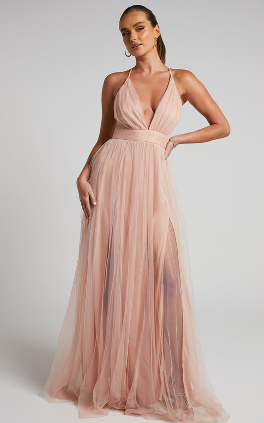 Celebrate Tonight Maxi Dress - Plunge Neck Tulle Dress in Blush