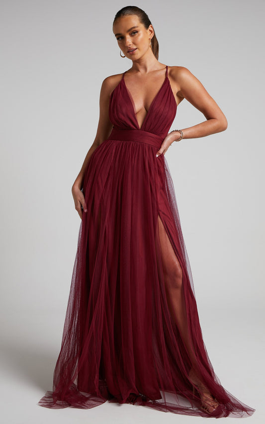 Celebrate Tonight Maxi Dress - Plunge Neck Tulle Dress in Wine
