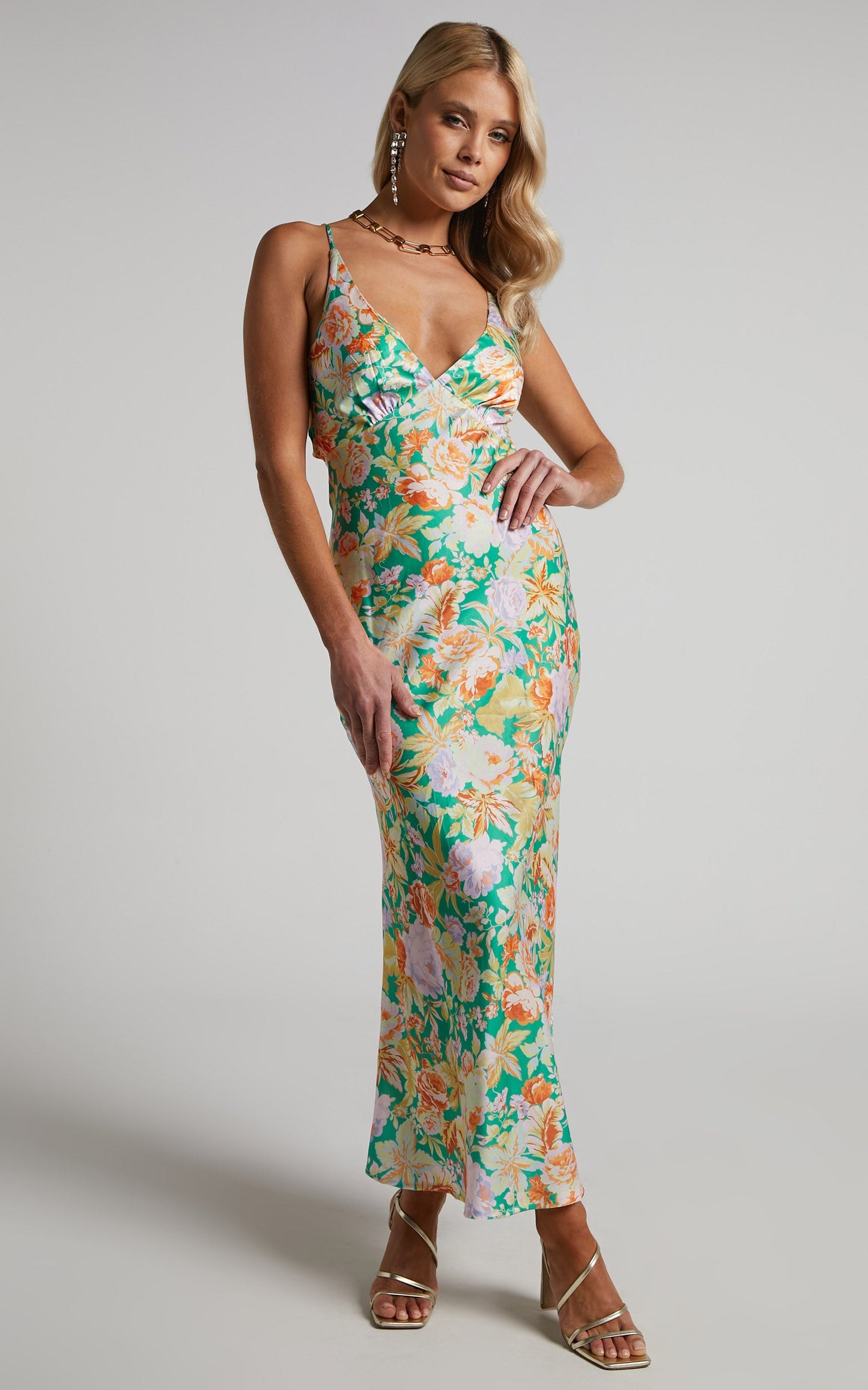 Charlette V Neck Floral Sain Midi Dress in GREEN FLORAL