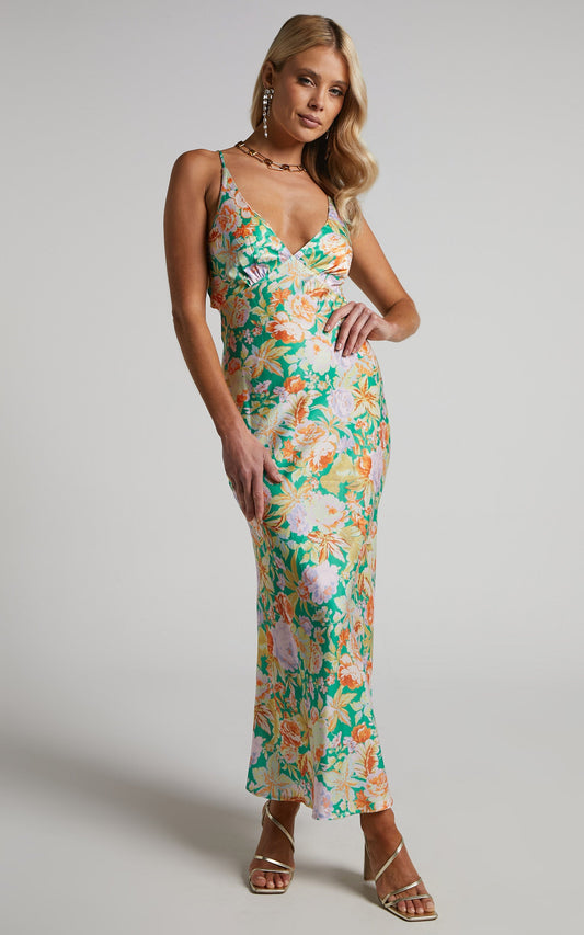 Charlette V Neck Floral Sain Midi Dress in GREEN FLORAL