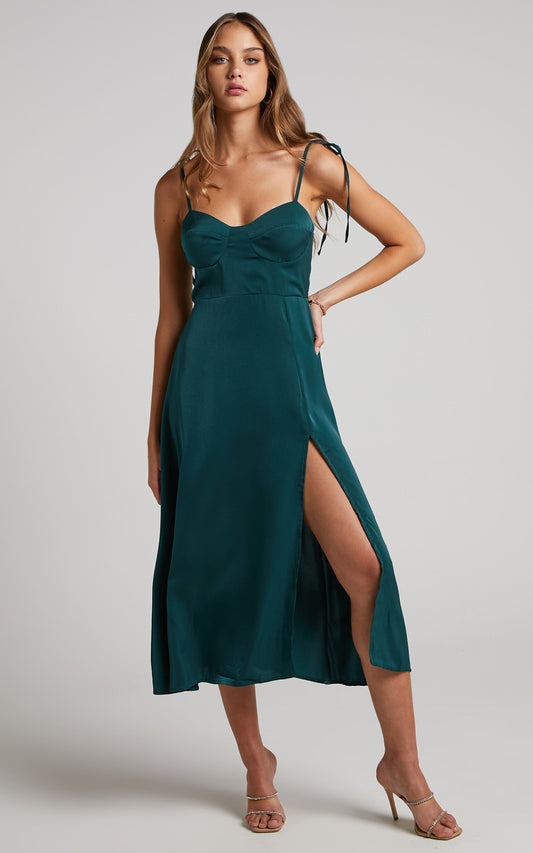 Ciello Midi Dress -  Tie Shoulder Sweetheart Dress in Emerald