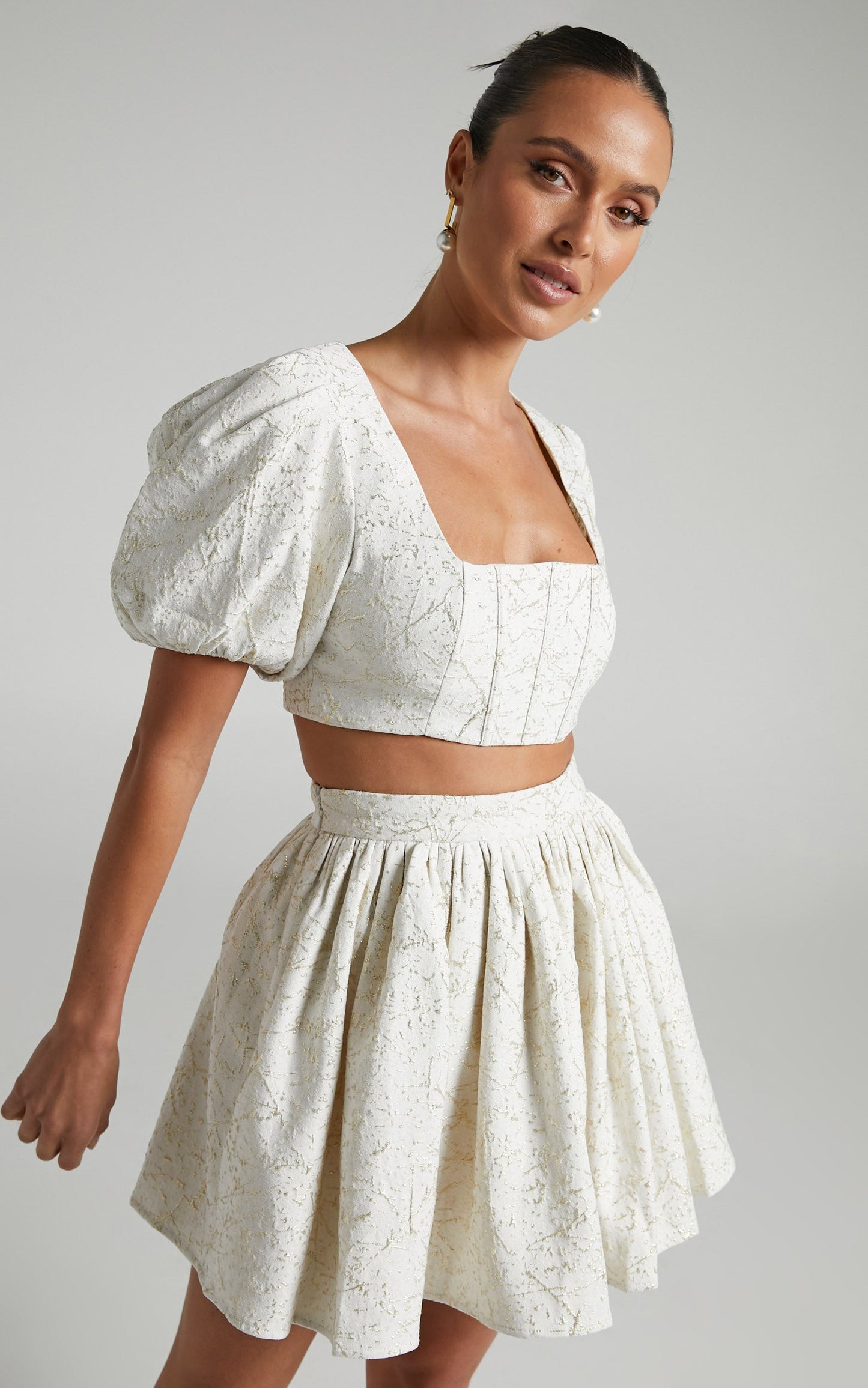 Clarie Two Piece Set - Lurex Jacquard Puff Sleeve Crop Top and Flare Mini Skirt Set in White