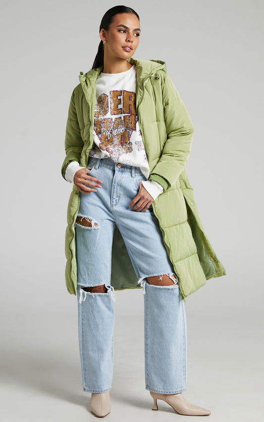 Claude Longline Puffer Coat in Light Green