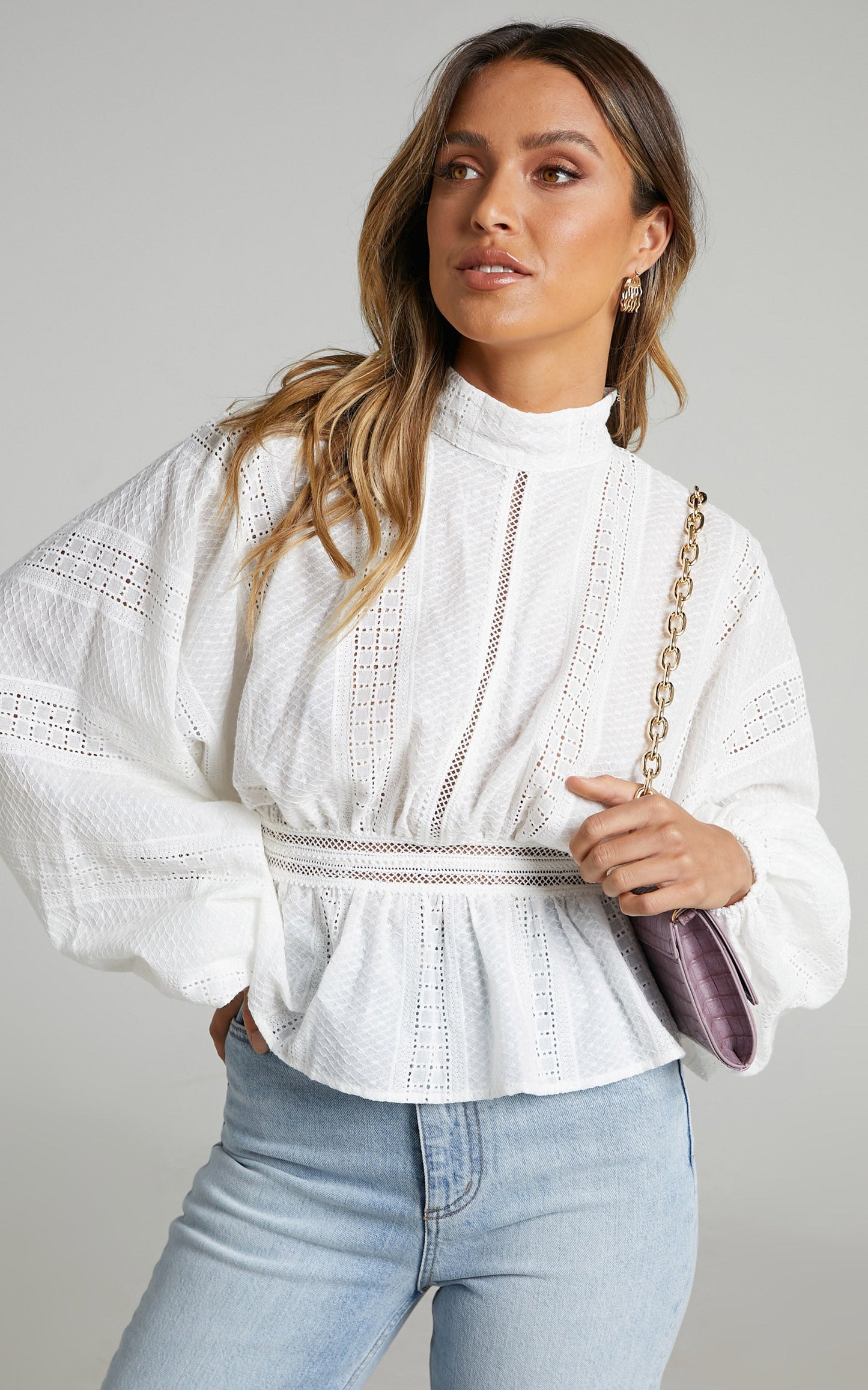 Court High Neck Long Sleeve Top in White Broderie