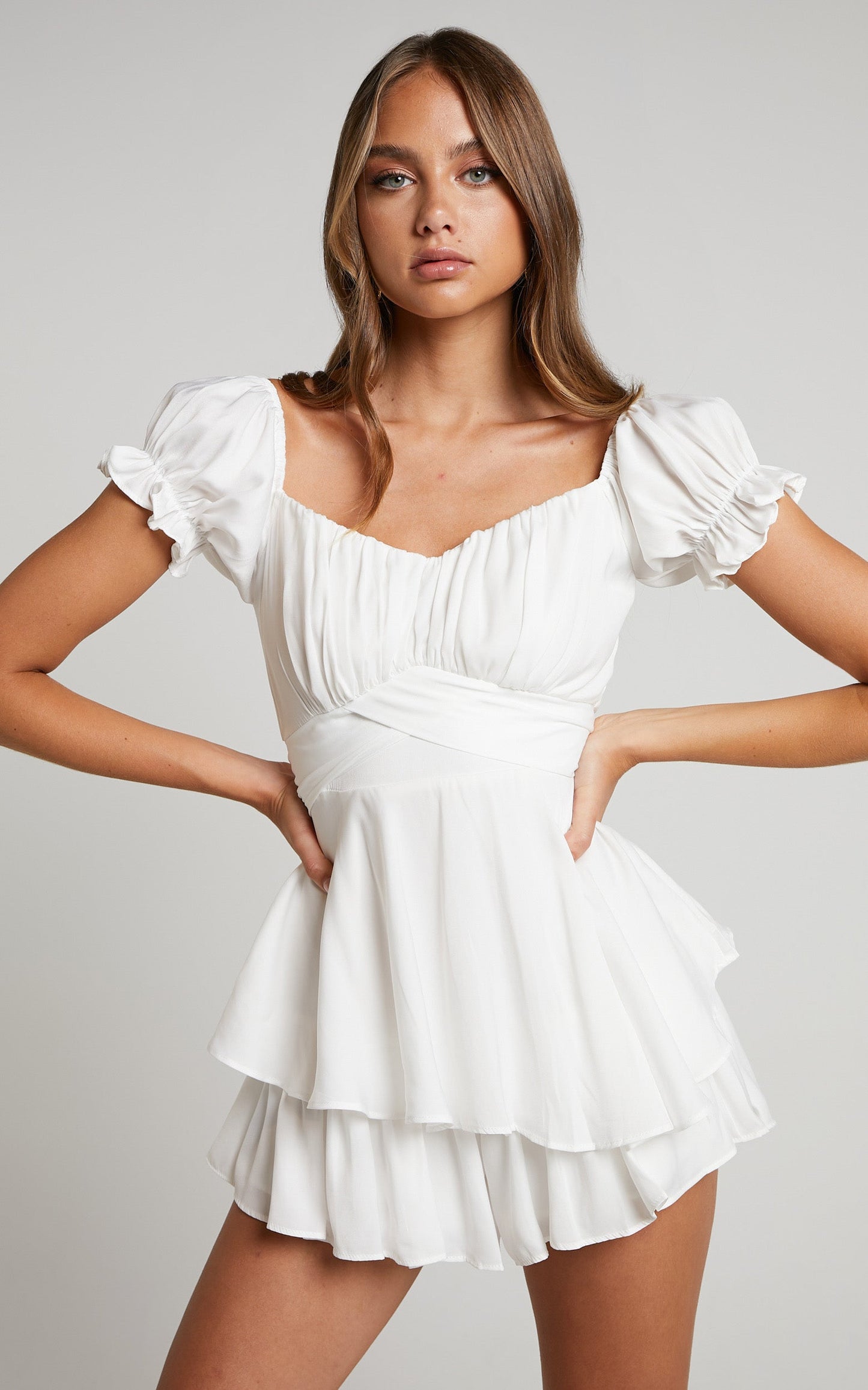 Courtney Playsuit - Off Shoulder Puff Sleeve Ruffle Playsuit in White