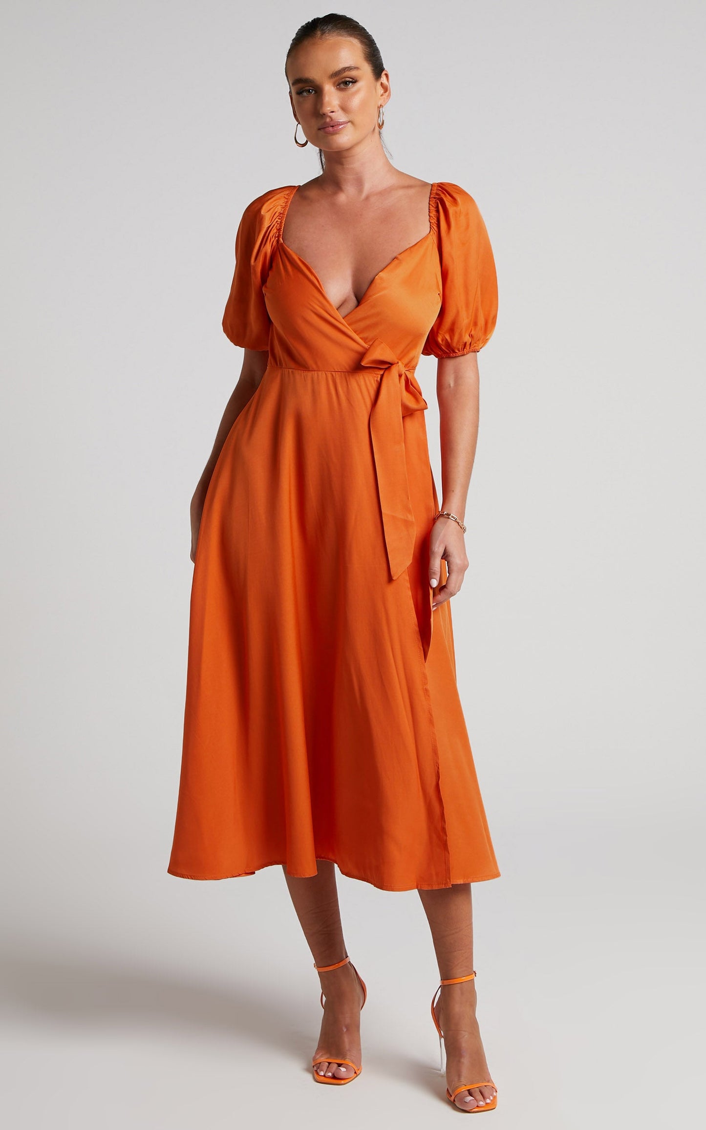 Cressida Midi Dress - Puff Sleeve Wrap Dress in Orange