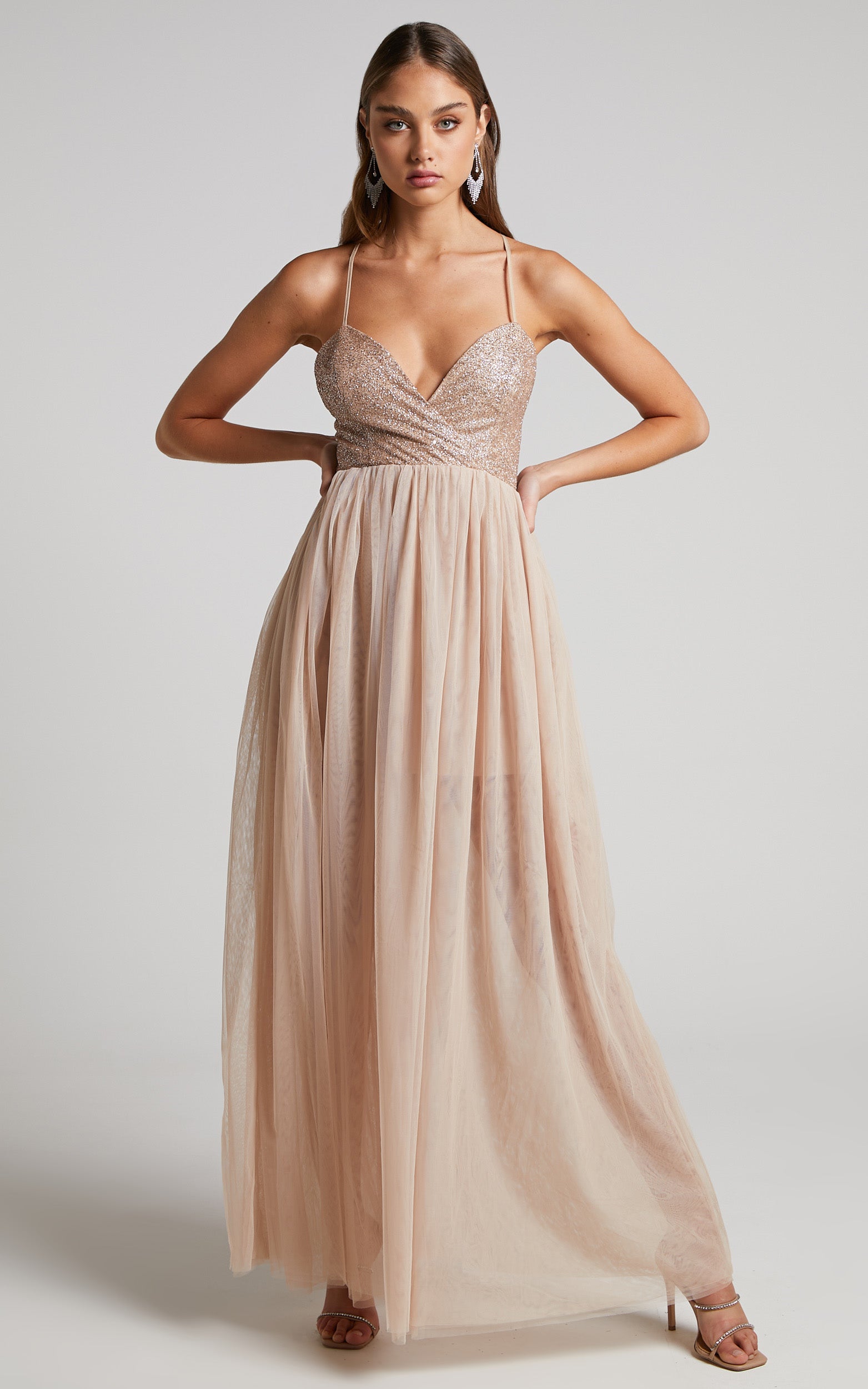 Deevey Maxi Dress - Open Back Glitter Bodice Tulle Dress in Nude