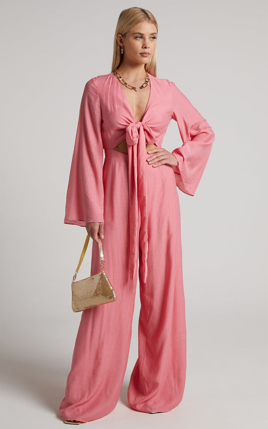 Dhalia Jumpsuit - Tie Front Long Sleeve Wide Leg Jumpsuit in Pink