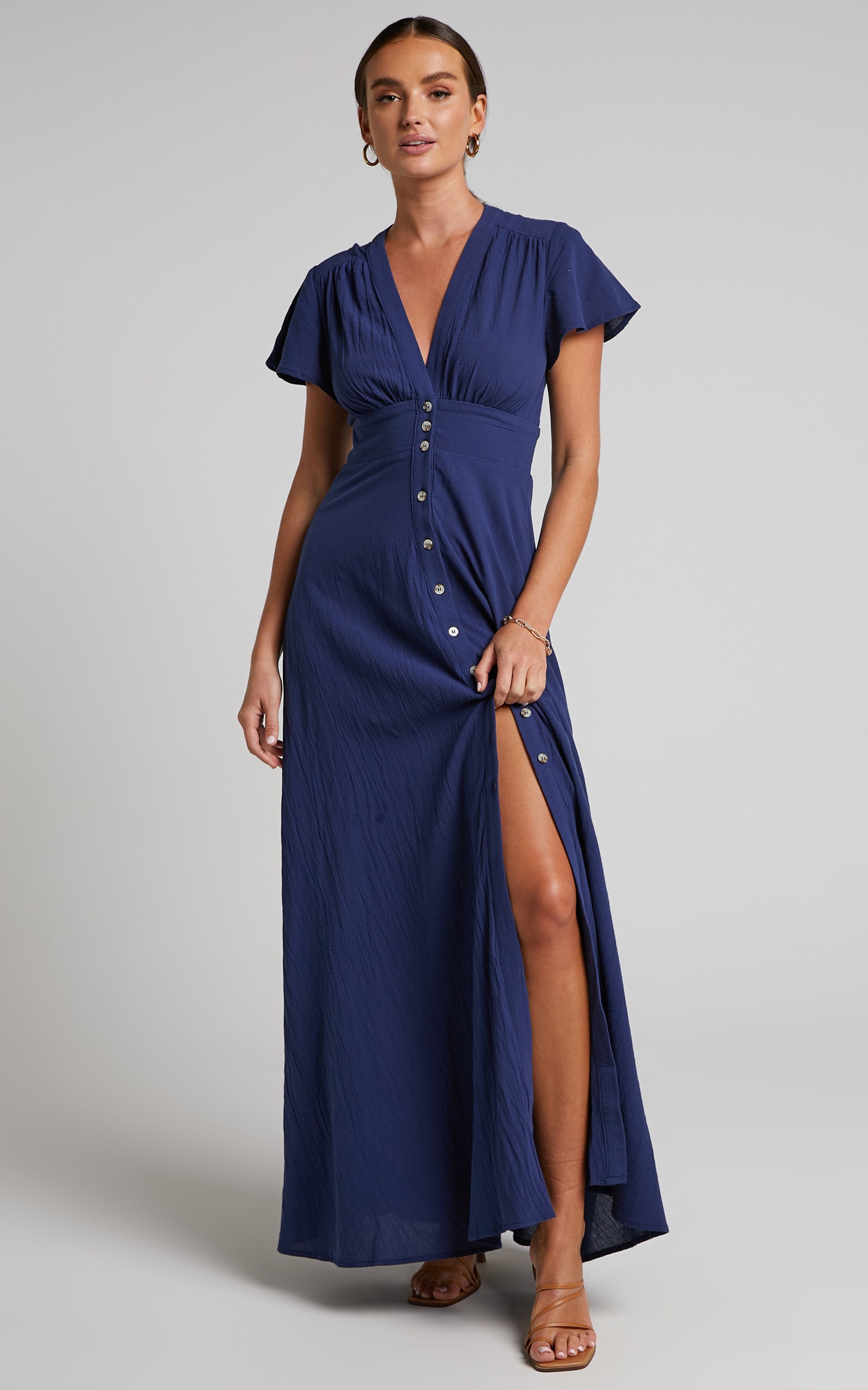 Elijah Midi Dress - Empire Waist Button Down Dress in Navy