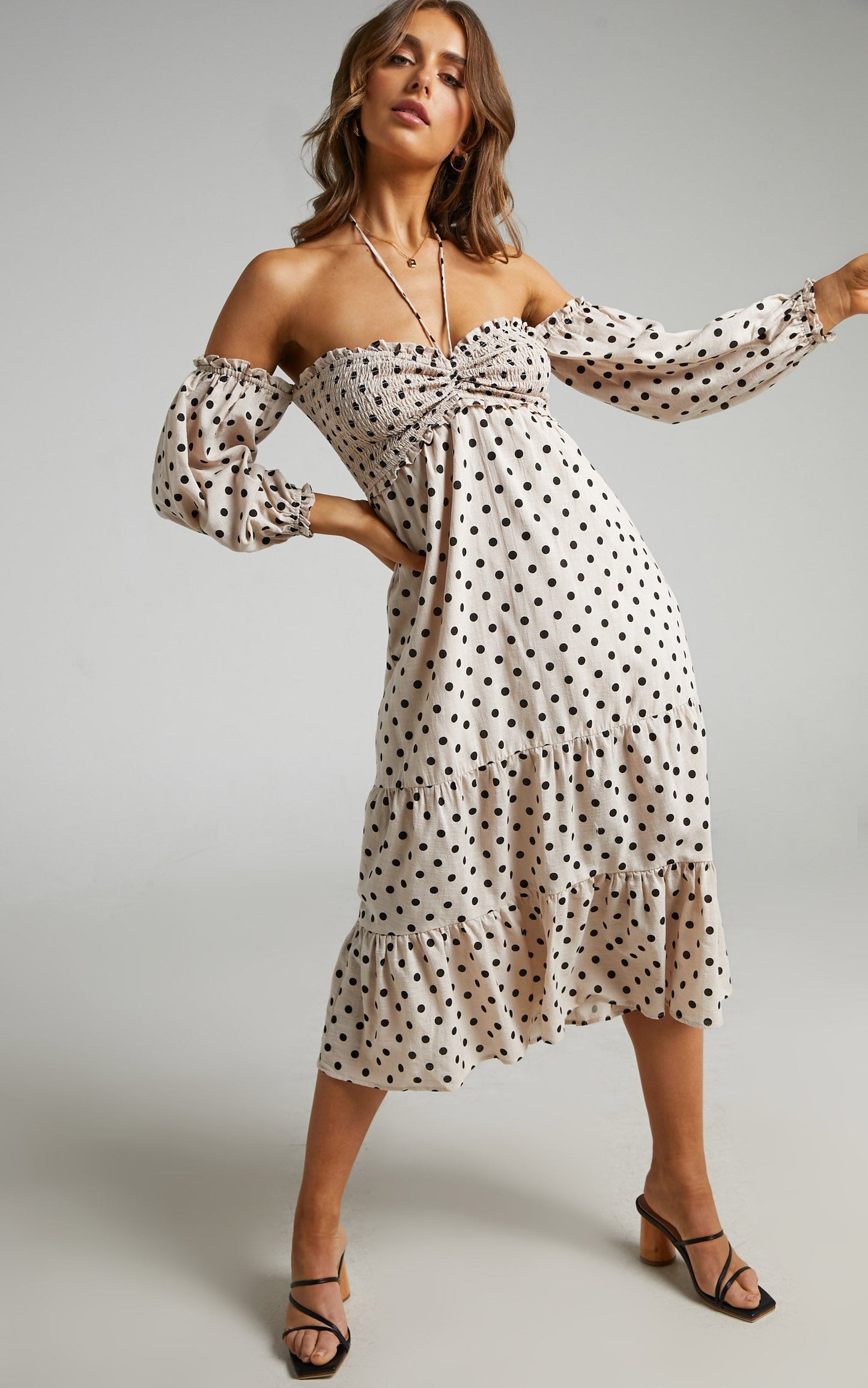 Emmah Midi Dress - Linen Off Shoulder Tiered Dress in Beige