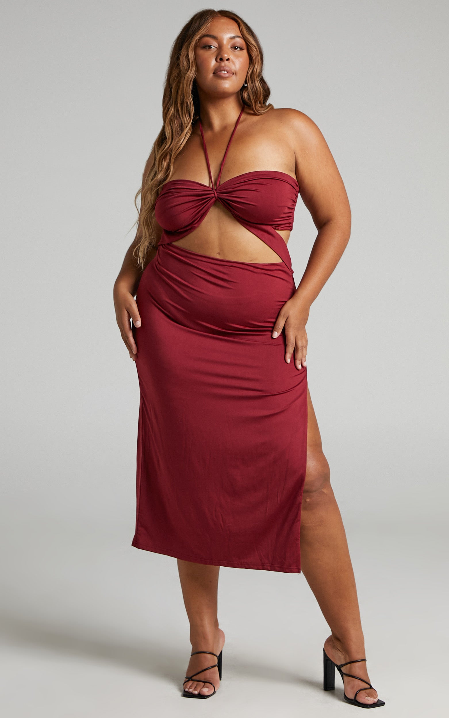 Enrica Halter Cut Out Side Split Midi Dress in Merlot