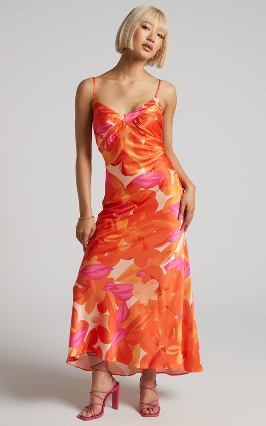 Erica Maxi Dress - V Neck Satin Slip Dress in Blood Orange Floral