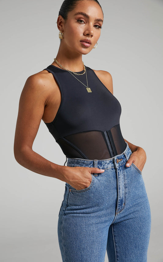Erman Corset Waist Sleeveless Bodysuit in Black