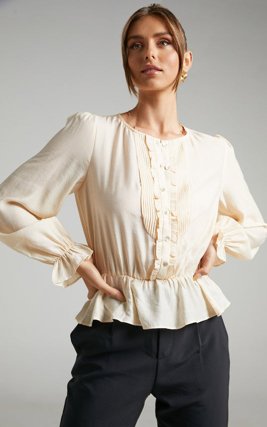 Ernita Pin Tuck Blouse with Peplum in Champagne