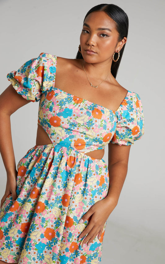 Fernande Side Cut Out Mini Dress in Pink Floral