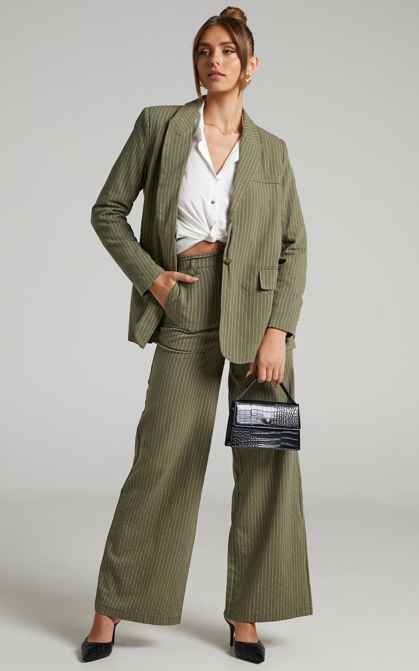 Florencia Pinstripe Wide Leg Pants in Olive